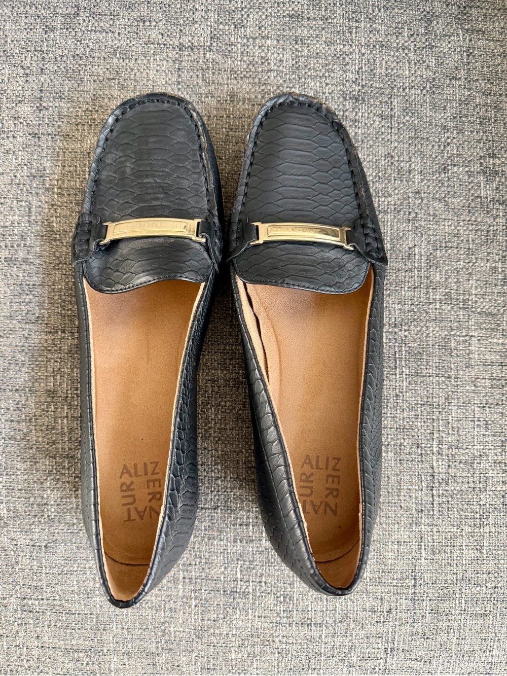 Naturalizer brand Black Textured Loafers with Gold Bar Accent